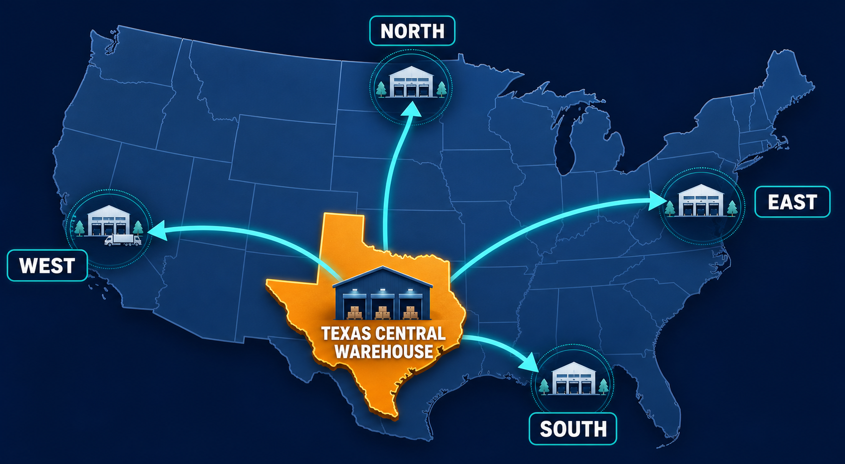 North American warehouse network centered in Texas