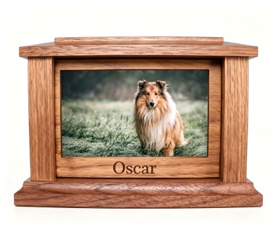 Wooden pet memorial urn with a dog portrait