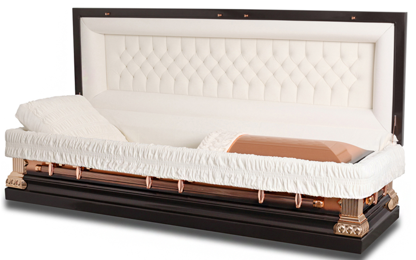 Solid copper casket with white interior